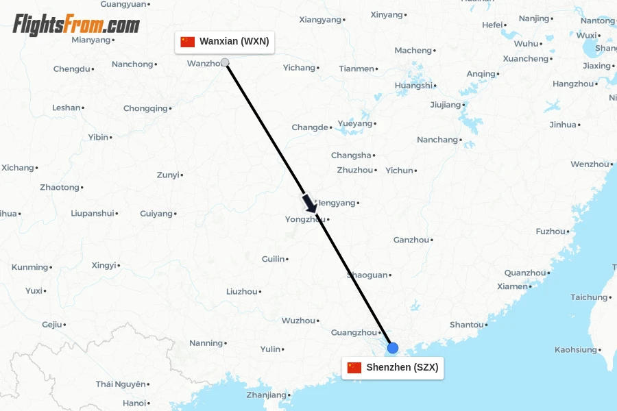 Flights from Wanxian to Shenzhen route map