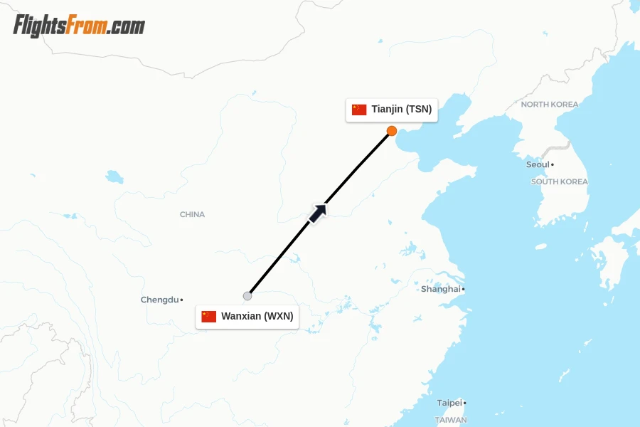 Flights from Wanxian to Tianjin route map