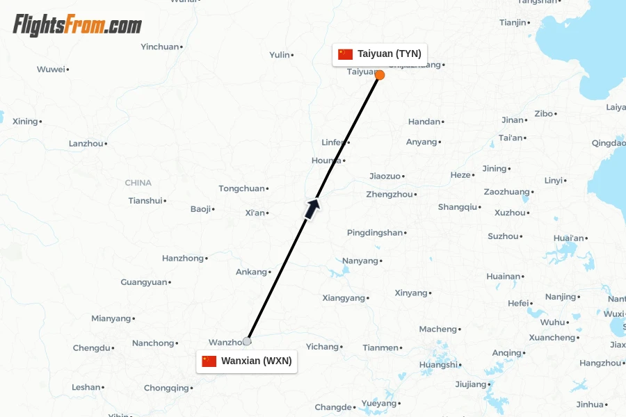 Flights from Wanxian to Taiyuan route map