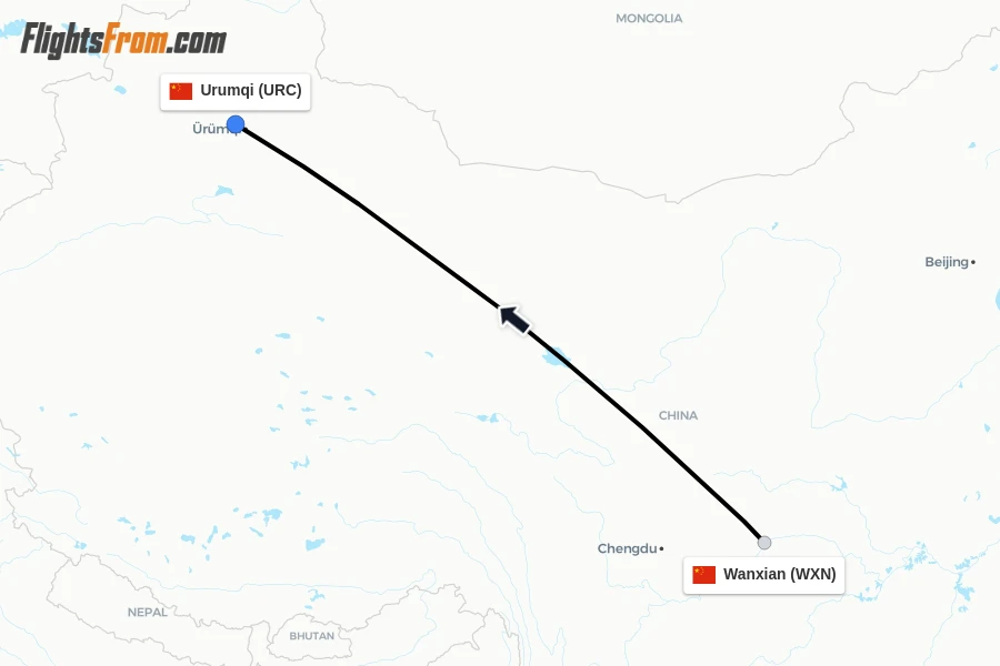 Flights from Wanxian to Urumqi route map