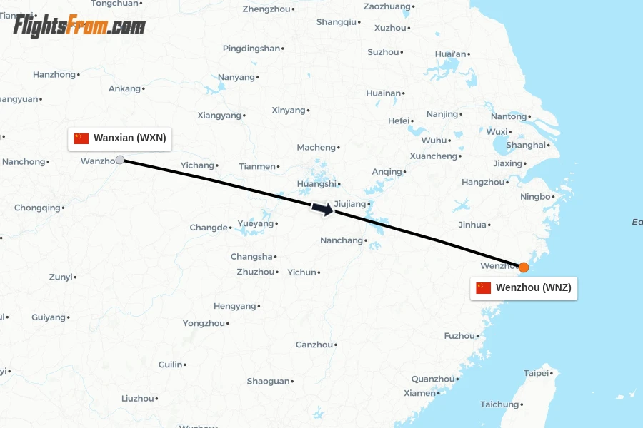 Flights from Wanxian to Wenzhou route map