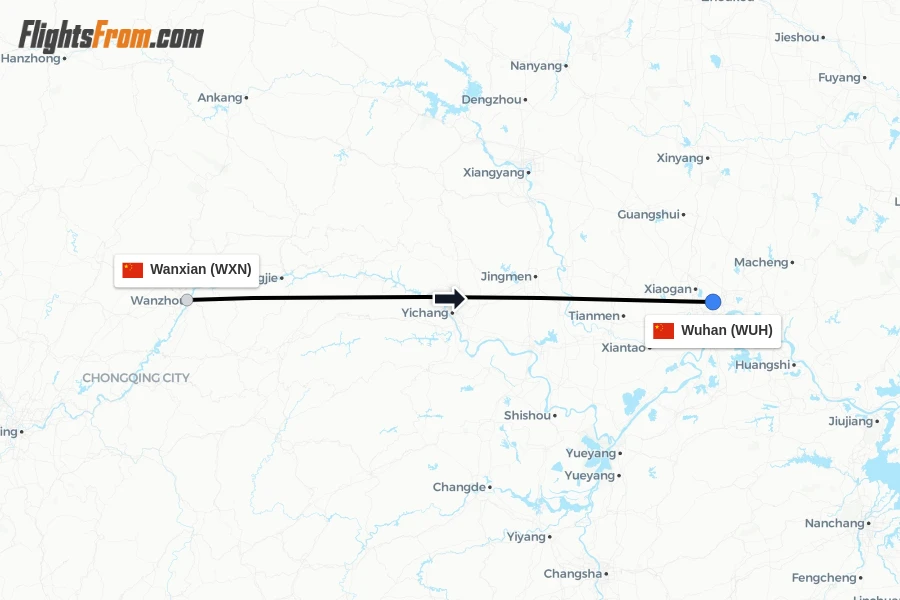 Flights from Wanxian to Wuhan route map