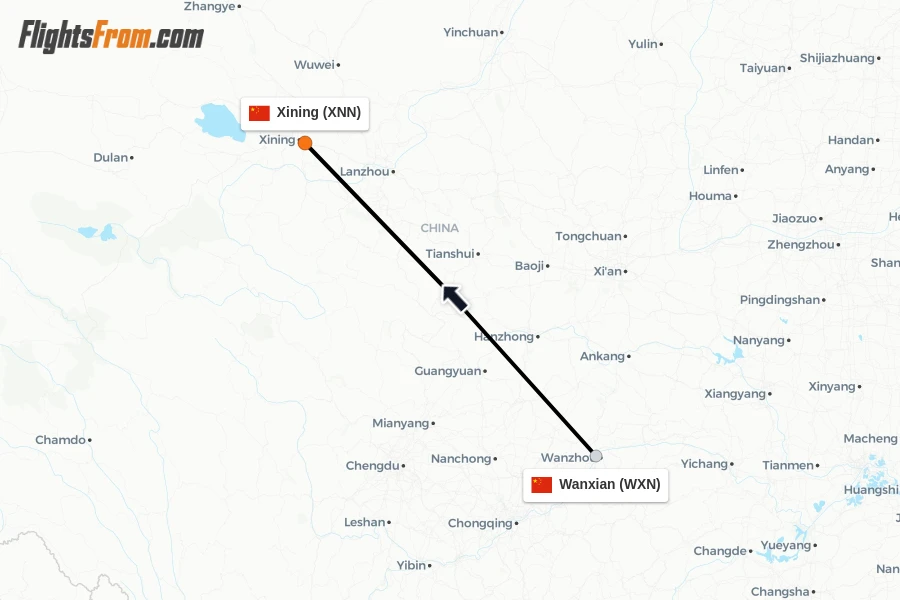 Flights from Wanxian to Xining route map