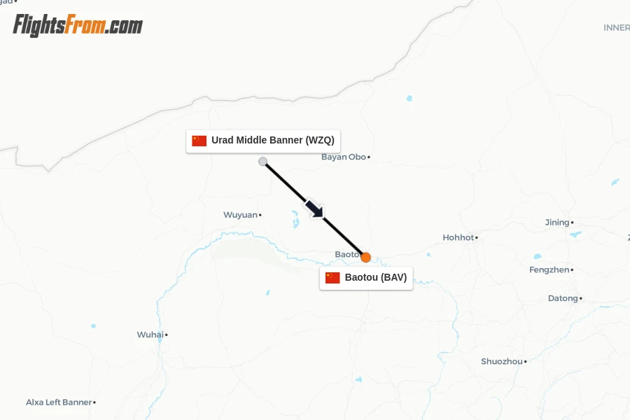 Flights from Urad Middle Banner to Baotou route map