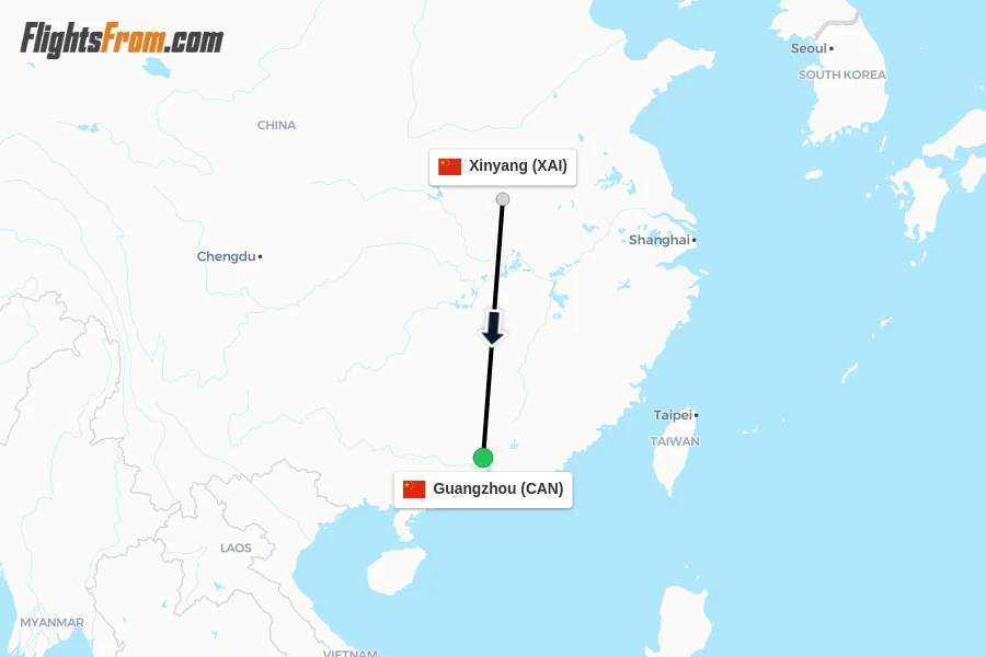 Flights from Xinyang to Guangzhou route map