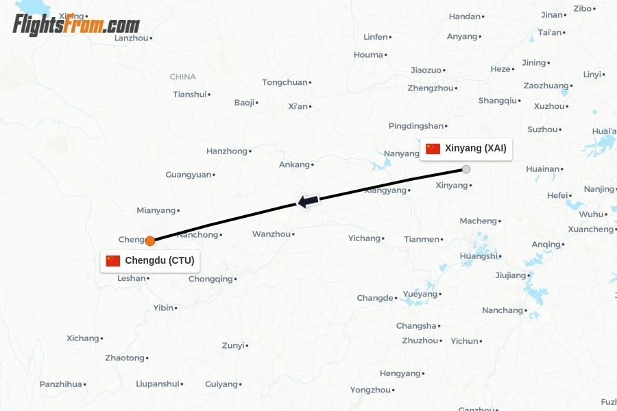 Flights from Xinyang to Chengdu route map