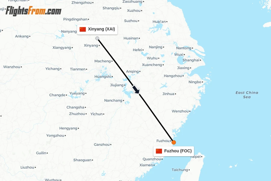 Flights from Xinyang to Fuzhou route map