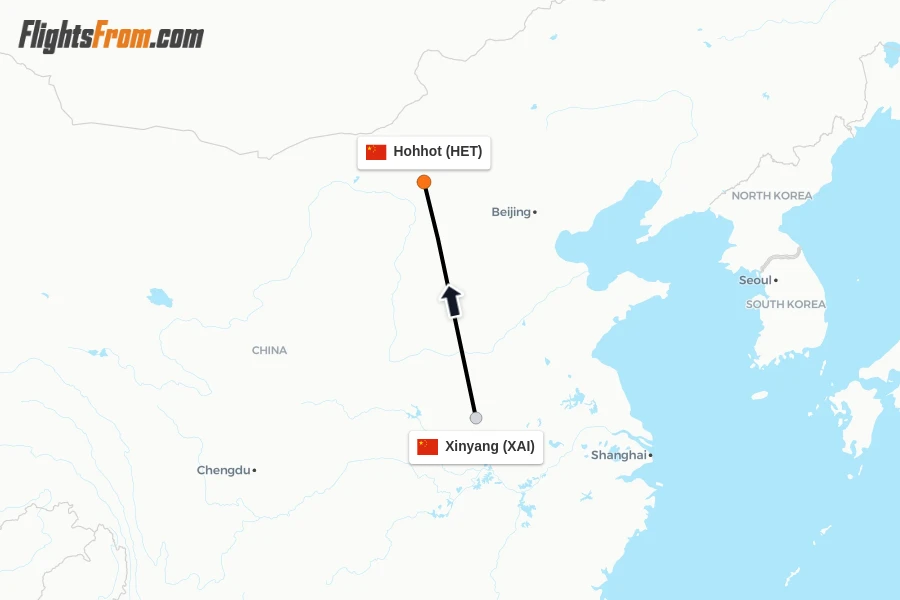 Flights from Xinyang to Hohhot route map