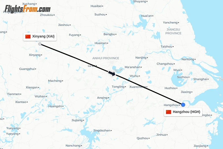 Flights from Xinyang to Hangzhou route map