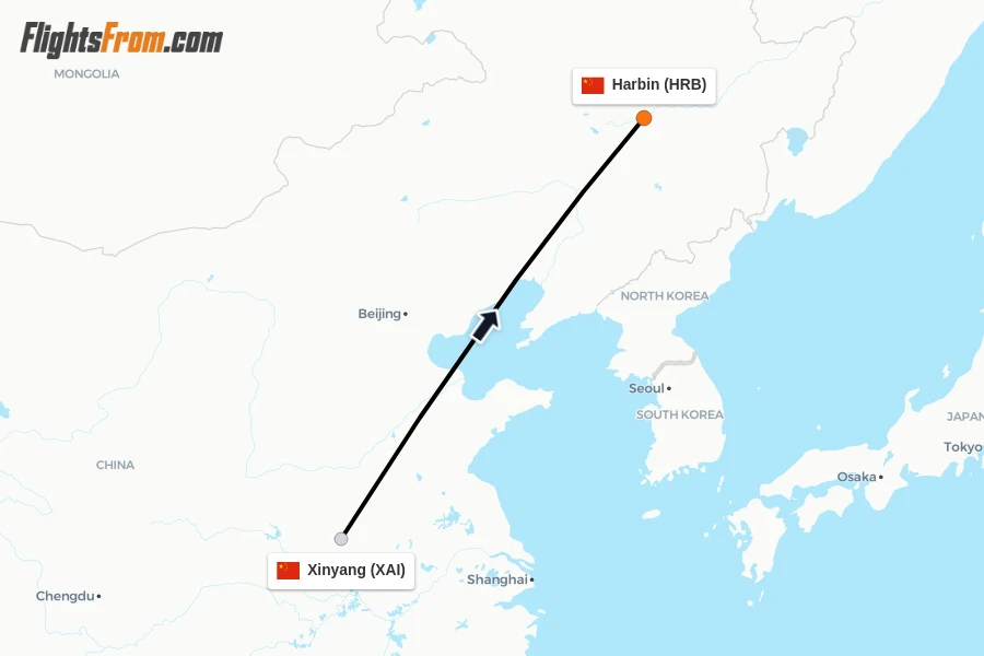 Flights from Xinyang to Harbin route map