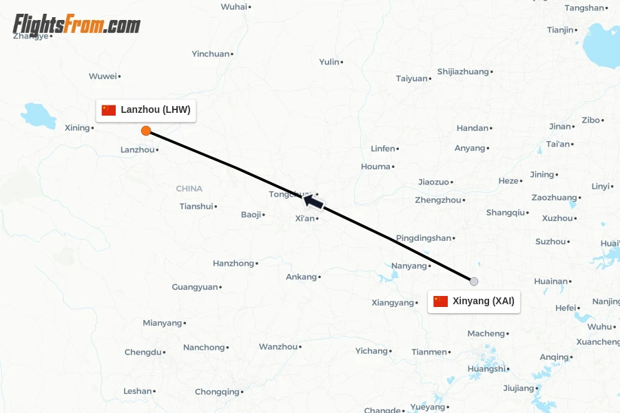 Flights from Xinyang to Lanzhou route map