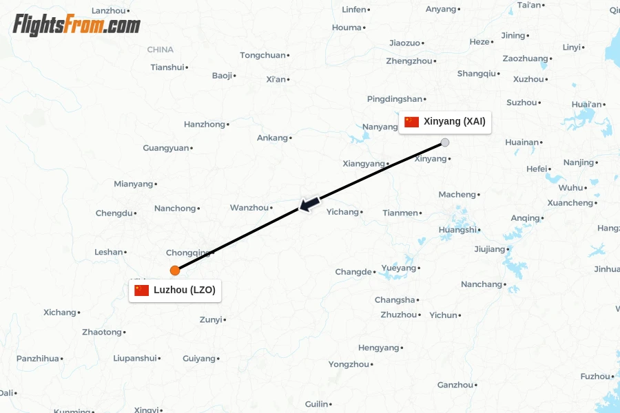 Flights from Xinyang to Luzhou route map