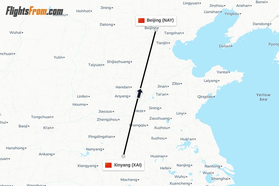 Flights from Xinyang to Beijing route map
