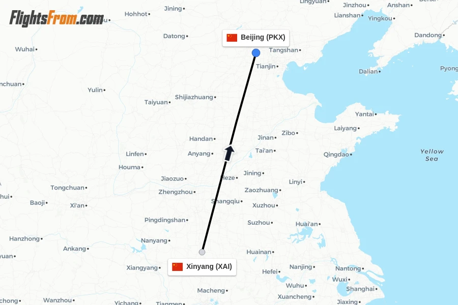 Flights from Xinyang to Beijing route map