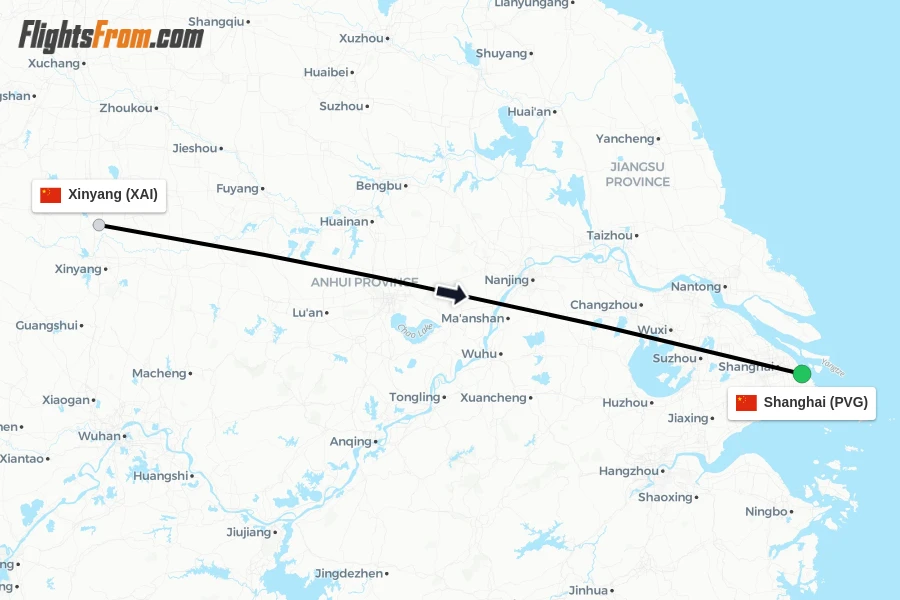 Flights from Xinyang to Shanghai route map