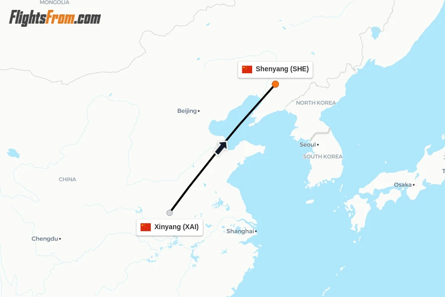 Flights from Xinyang to Shenyang route map