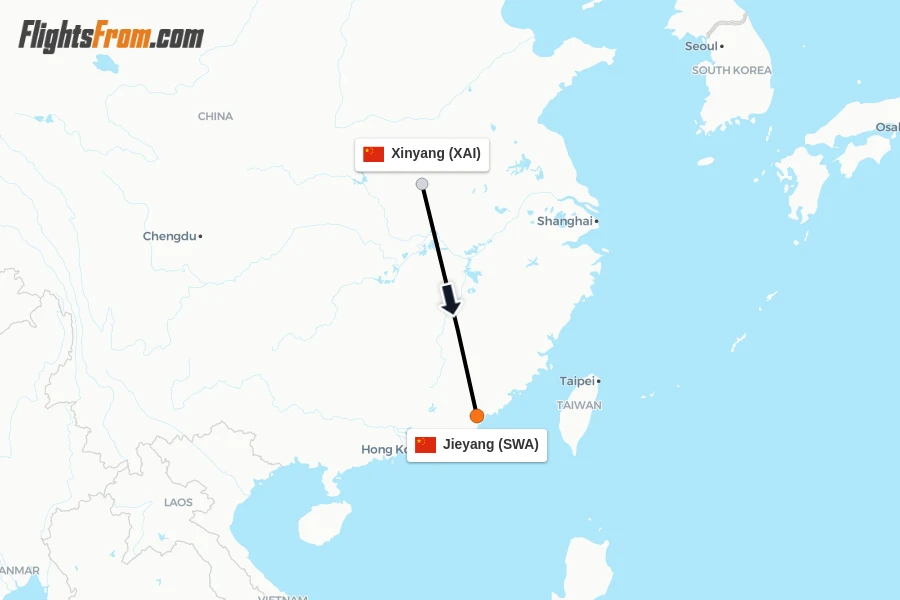 Flights from Xinyang to Jieyang route map