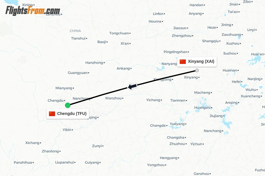 Flights from Xinyang to Chengdu route map