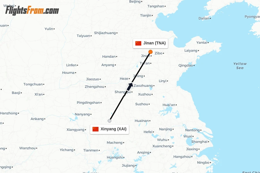Flights from Xinyang to Jinan route map