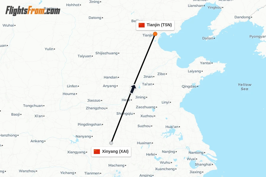 Flights from Xinyang to Tianjin route map
