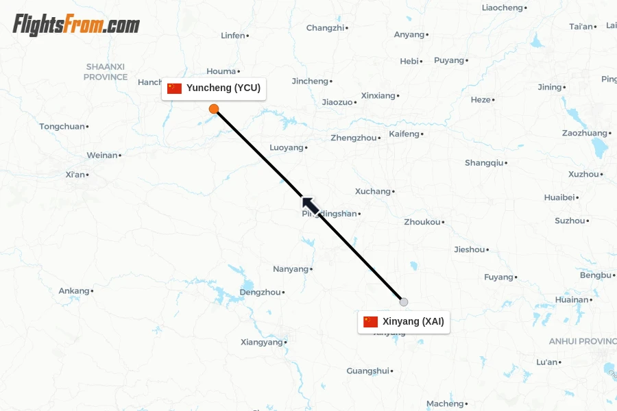 Flights from Xinyang to Yuncheng route map