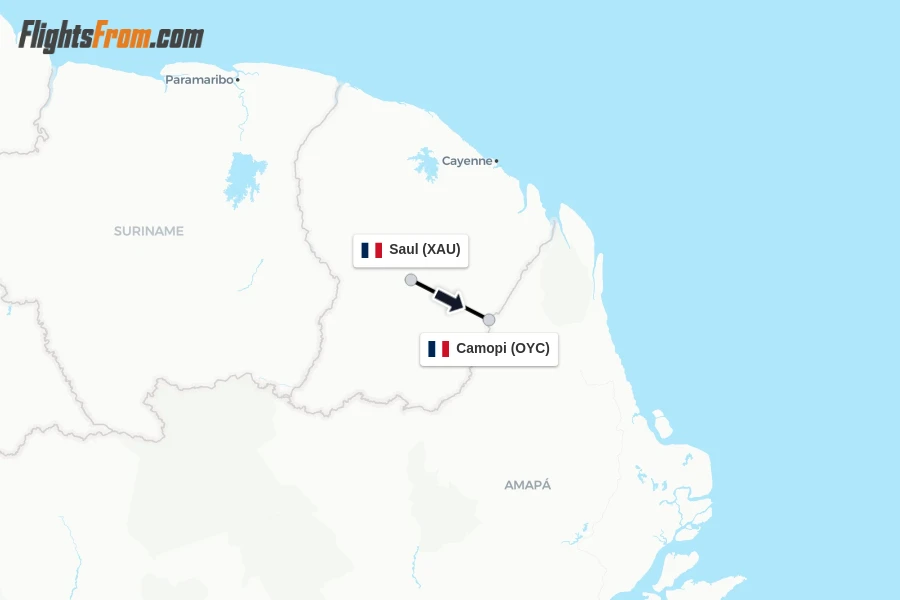 Flights from Saul to Camopi route map