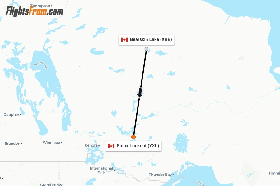Flights from Bearskin Lake to Sioux Lookout route map