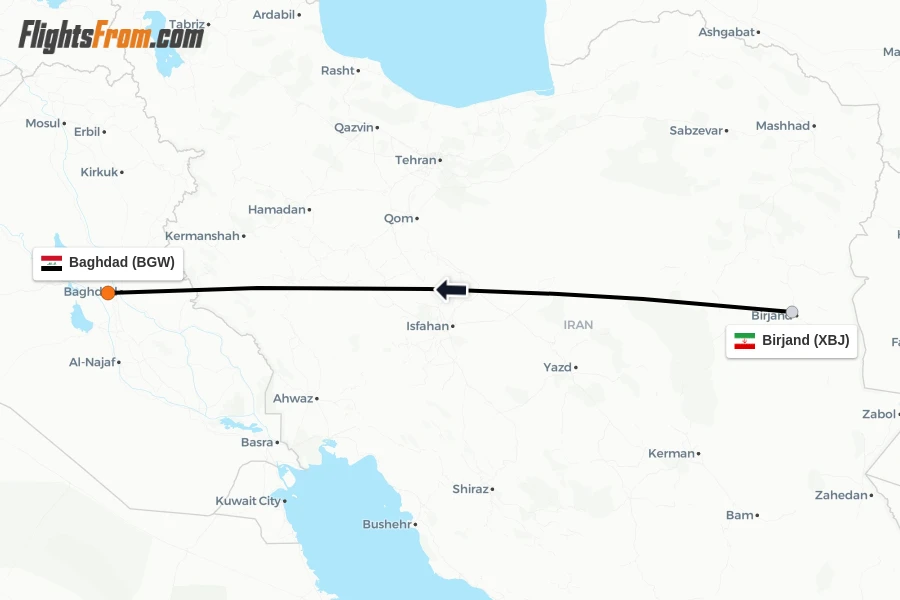Flights from Birjand to Baghdad route map