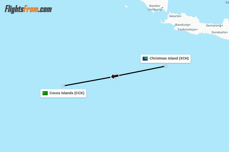 Flights from Christmas Island to Cocos Islands route map
