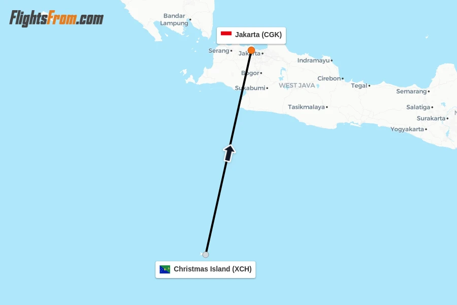 Flights from Christmas Island to Jakarta route map