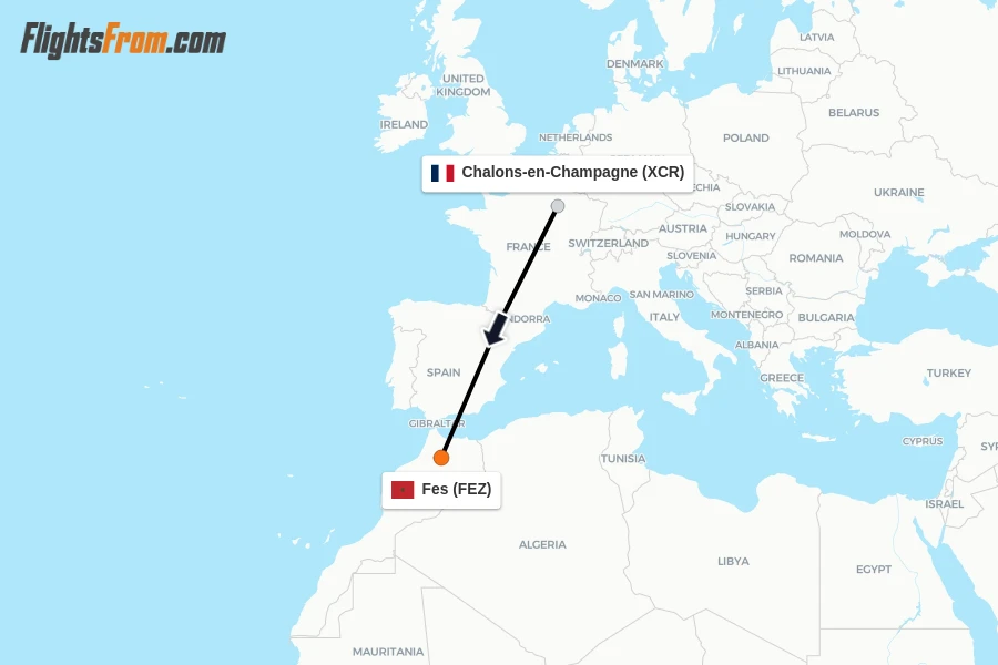 Flights from Chalons-en-Champagne to Fes route map