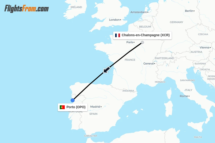Flights from Chalons-en-Champagne to Porto route map