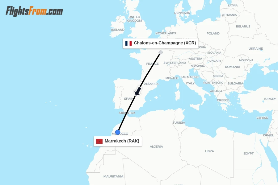 Flights from Chalons-en-Champagne to Marrakech route map