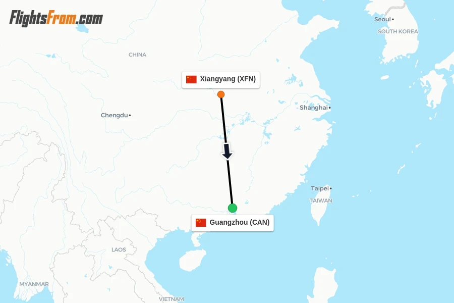 Flights from Xiangyang to Guangzhou route map