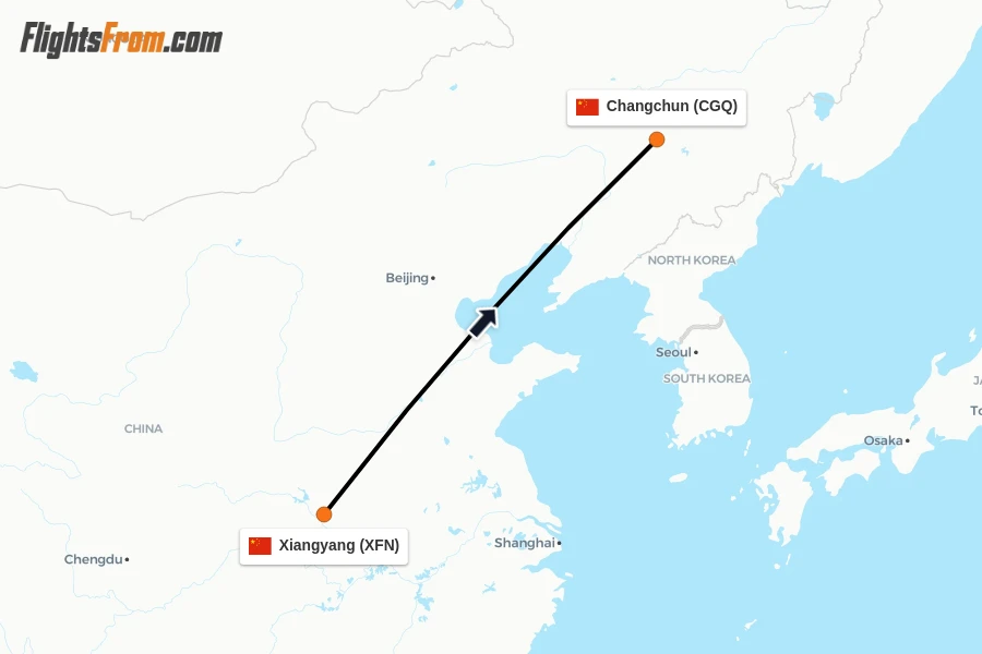 Flights from Xiangyang to Changchun route map