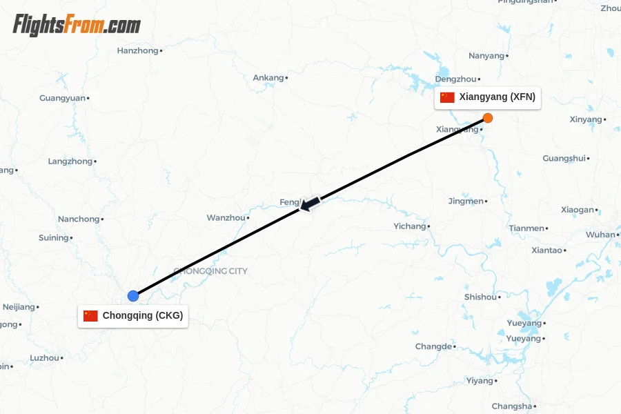 Flights from Xiangyang to Chongqing route map