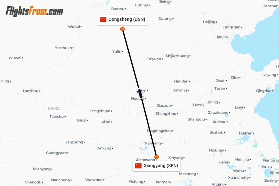 Flights from Xiangyang to Dongsheng route map