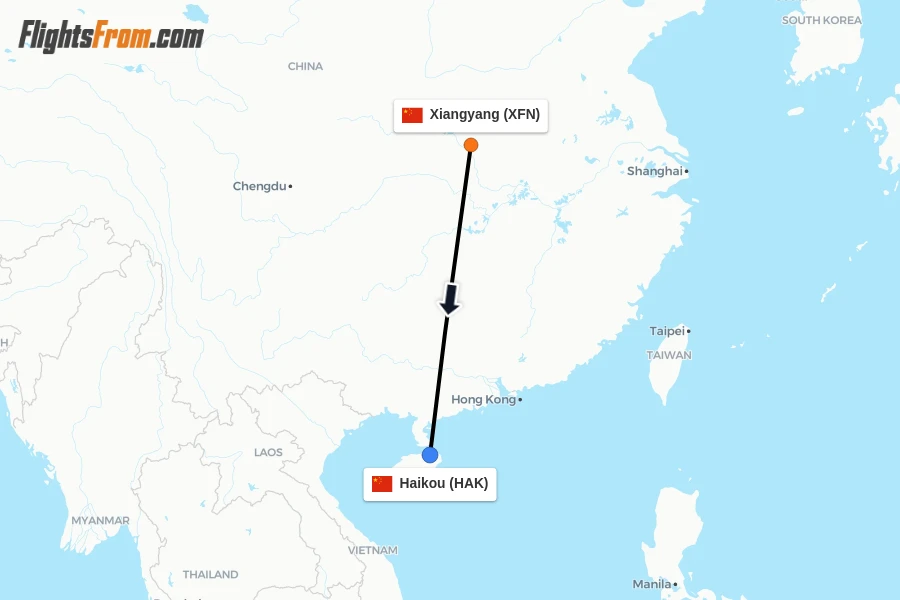 Flights from Xiangyang to Haikou route map