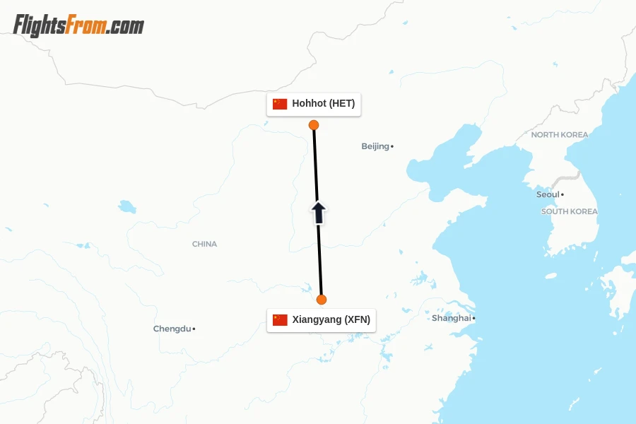 Flights from Xiangyang to Hohhot route map