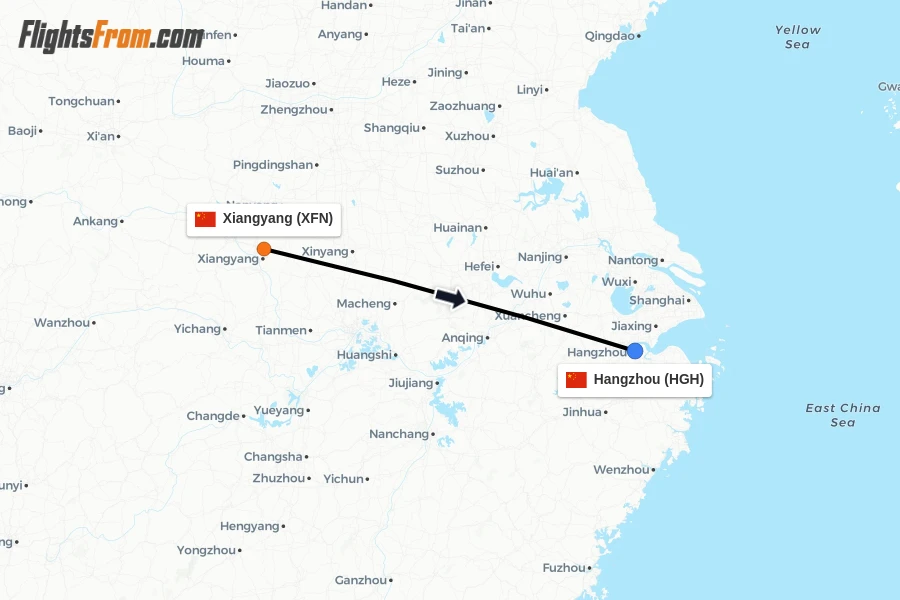 Flights from Xiangyang to Hangzhou route map