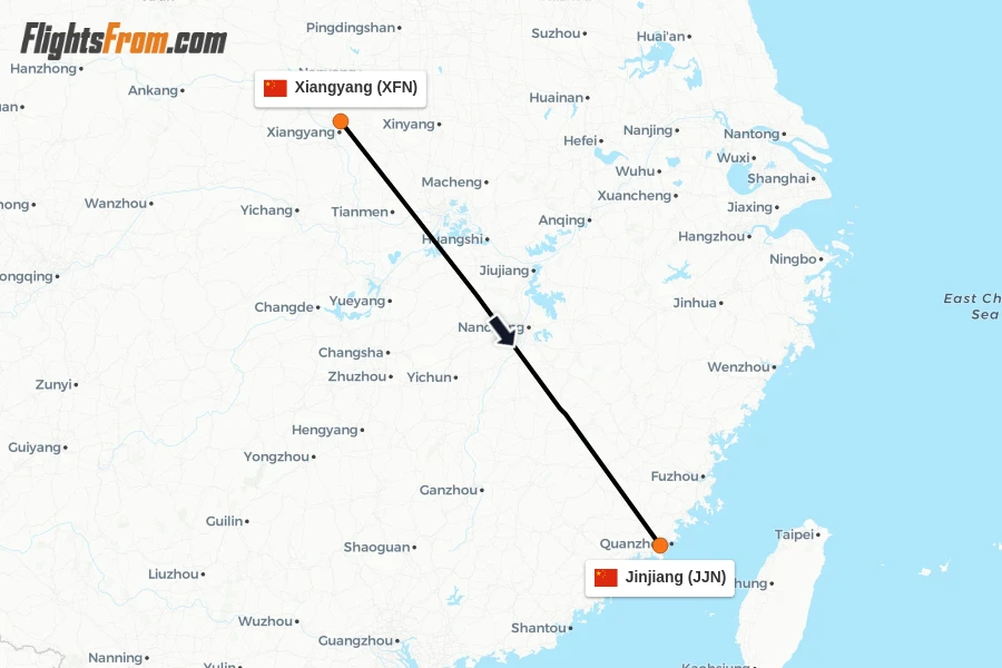 Flights from Xiangyang to Jinjiang route map