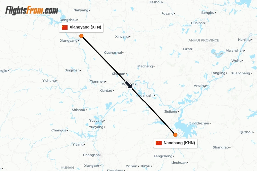 Flights from Xiangyang to Nanchang route map