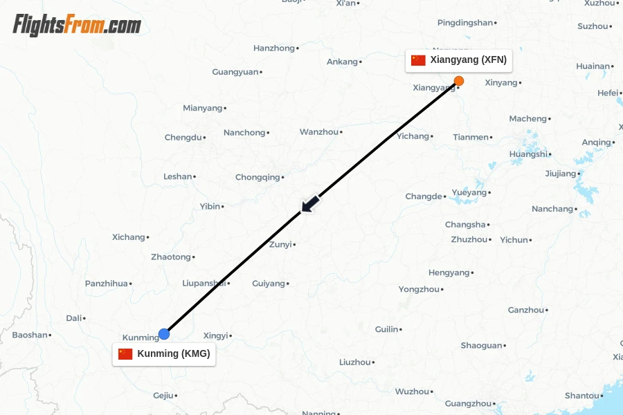Flights from Xiangyang to Kunming route map