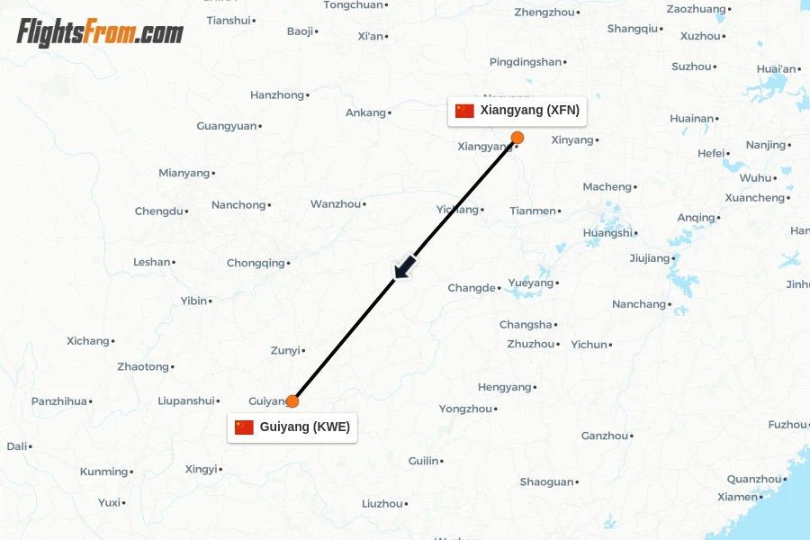 Flights from Xiangyang to Guiyang route map