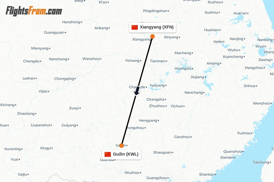 Flights from Xiangyang to Guilin route map