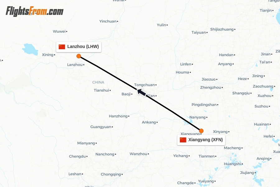 Flights from Xiangyang to Lanzhou route map
