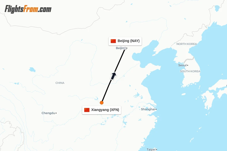 Flights from Xiangyang to Beijing route map