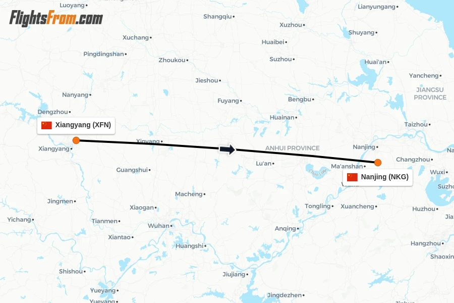 Flights from Xiangyang to Nanjing route map