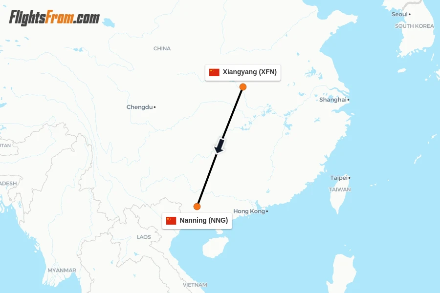Flights from Xiangyang to Nanning route map