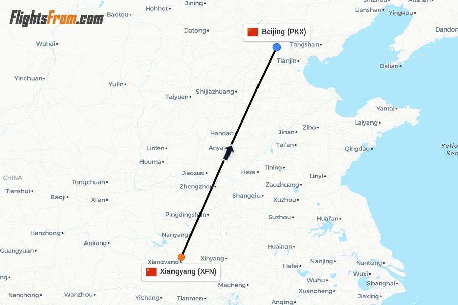 Flights from Xiangyang to Beijing route map
